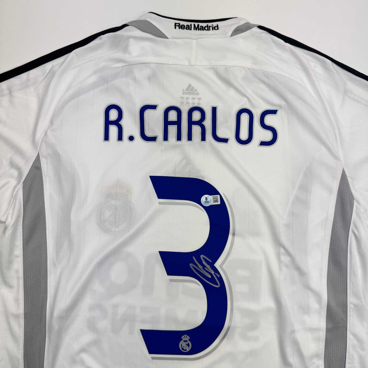 Autographed/Signed Roberto Carlos Real Madrid White Soccer Jersey Beckett BAS COA