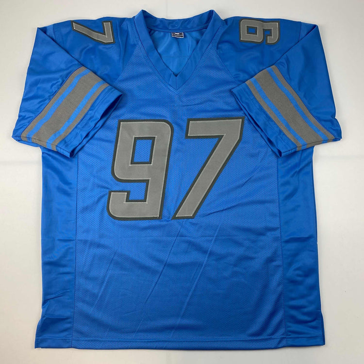 Facsimile Autographed Aidan Hutchinson Detroit Blue Reprint Laser Auto Football Jersey Size Men's XL