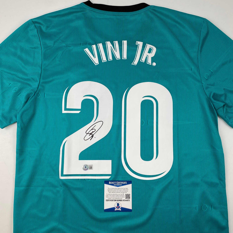 Autographed/Signed Vini Vinicius Jr. Real Madrid Teal Soccer Jersey Beckett BAS COA