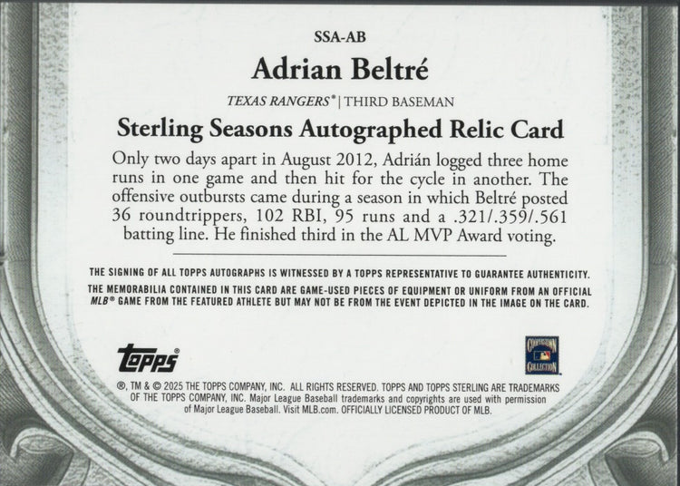 2025 Topps Sterling Adrian Beltre #SSAAB Sterling Seasons 2012 Relic Auto /25 Texas Rangers Baseball Card