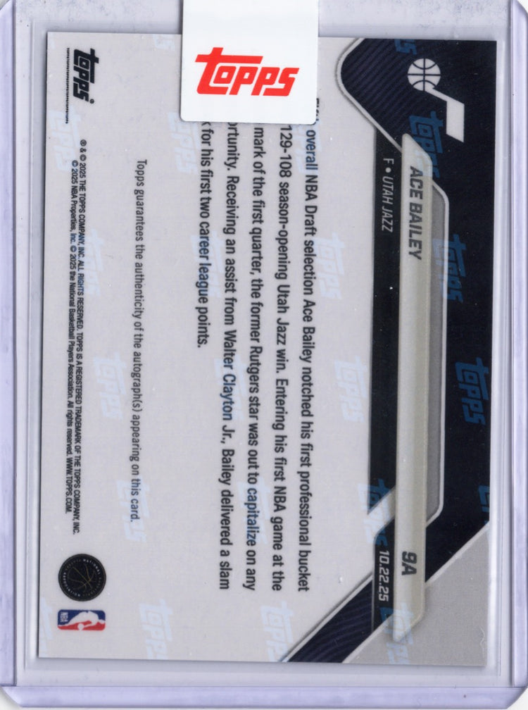 2025 Topps Now Ace Bailey #9A Black Foil Auto /10 Utah Jazz Rookie RC Basketball Card