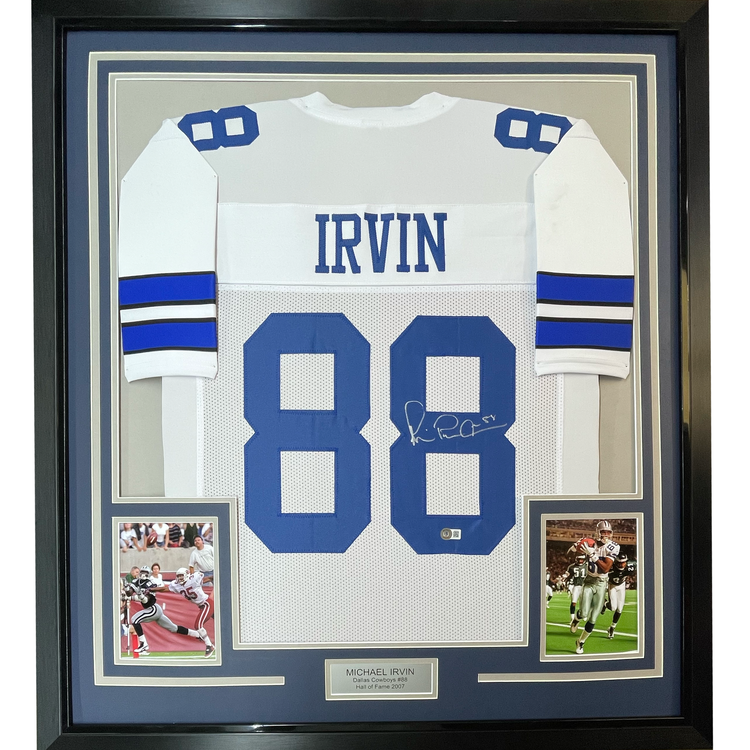 Framed Autographed/Signed Michael Irvin 35x39 Dallas White Football Jersey Beckett BAS COA