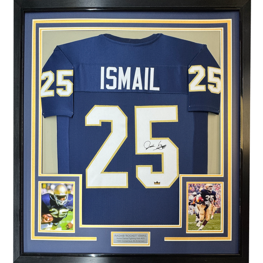 Framed Facsimile Autographed Raghib Rocket Ismail 35x39 Notre Dame Blue Reprint Laser Auto College Football Jersey