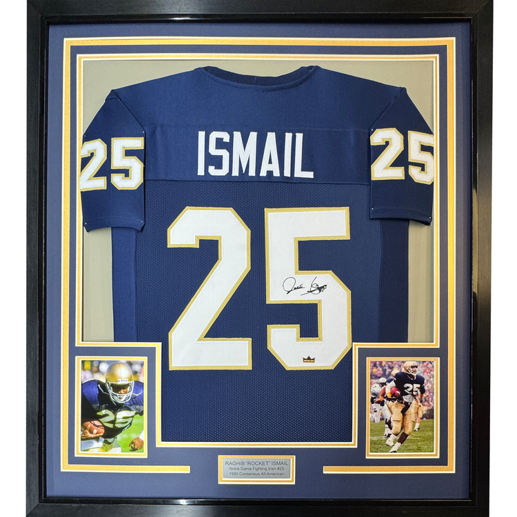 Framed Facsimile Autographed Raghib Rocket Ismail 35x39 Notre Dame Blue Reprint Laser Auto College Football Jersey