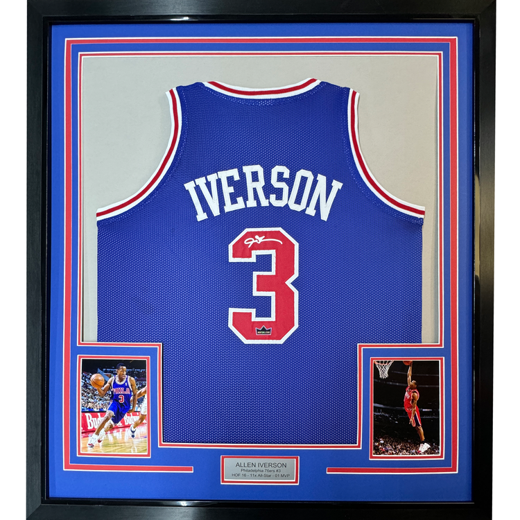 Framed Facsimile Autographed Allen Iverson 35x39 Philadelphia Blue Reprint Laser Auto Basketball Jersey