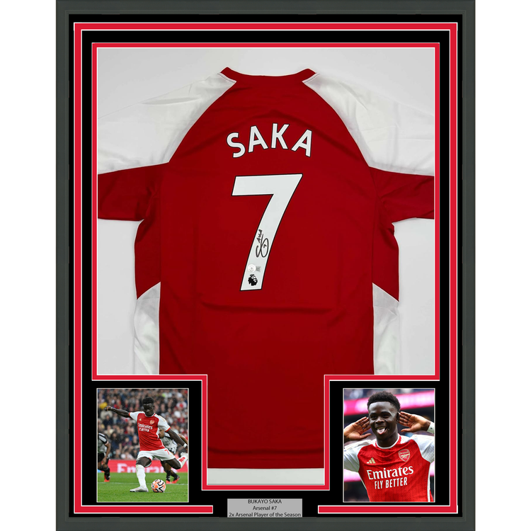 Framed Autographed/Signed Bukayo Saka 35x39 Arsenal Red Soccer Jersey Beckett BAS COA #2