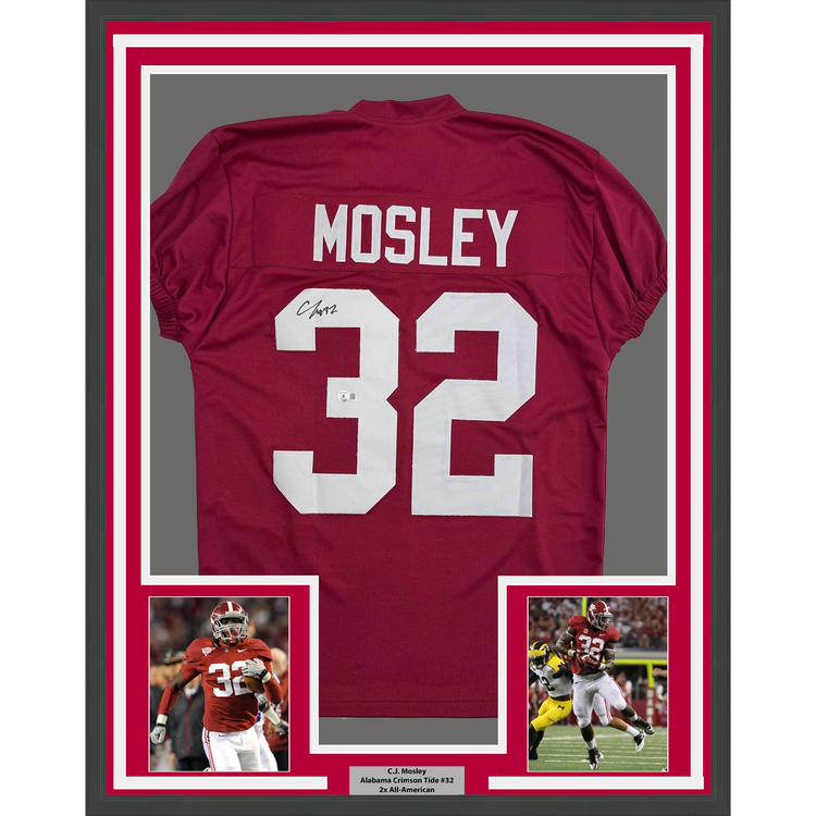 Framed Autographed/Signed C.J. CJ 35x39 Mosley Alabama Red College Football Jersey Beckett BAS COA