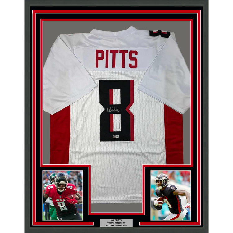 Framed Autographed/Signed Kyle Pitts 35x39 Atlanta White Football Jersey Beckett BAS COA