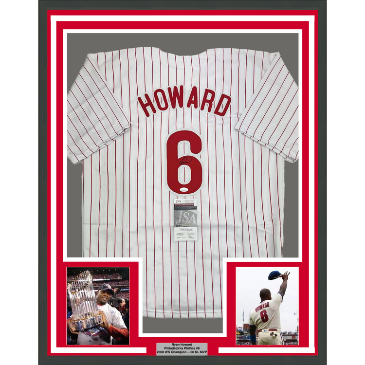Framed Autographed/Signed Ryan Howard 35x39 Philadelphia Pinstripe Baseball Jersey JSA COA