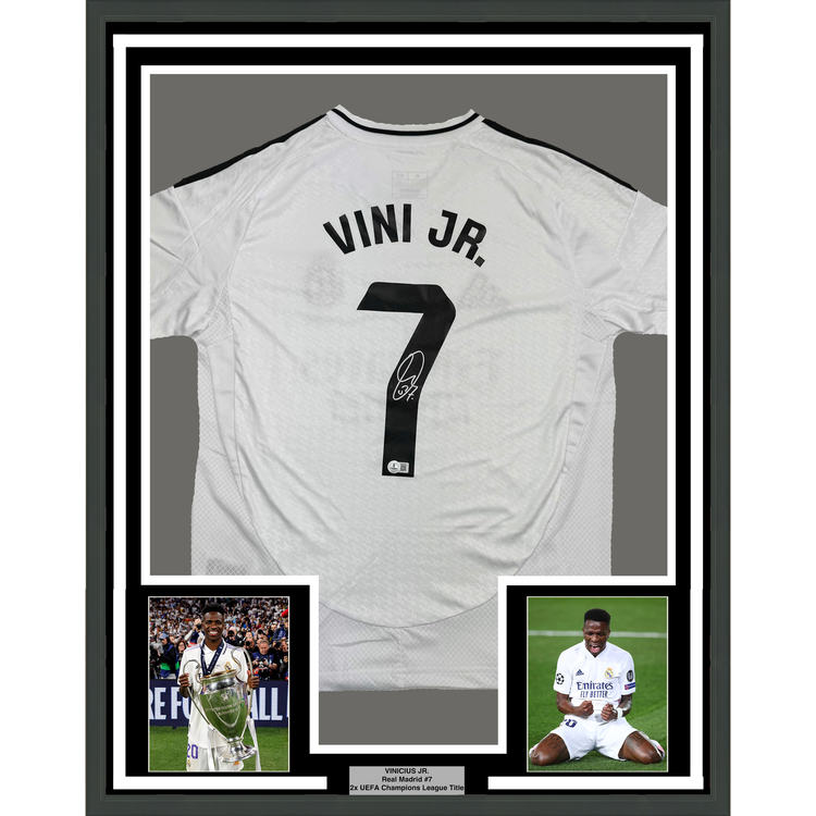 Framed Autographed/Signed Vini Vinicius Jr. #7 35x39 Real Madrid White Soccer Jersey Beckett BAS COA