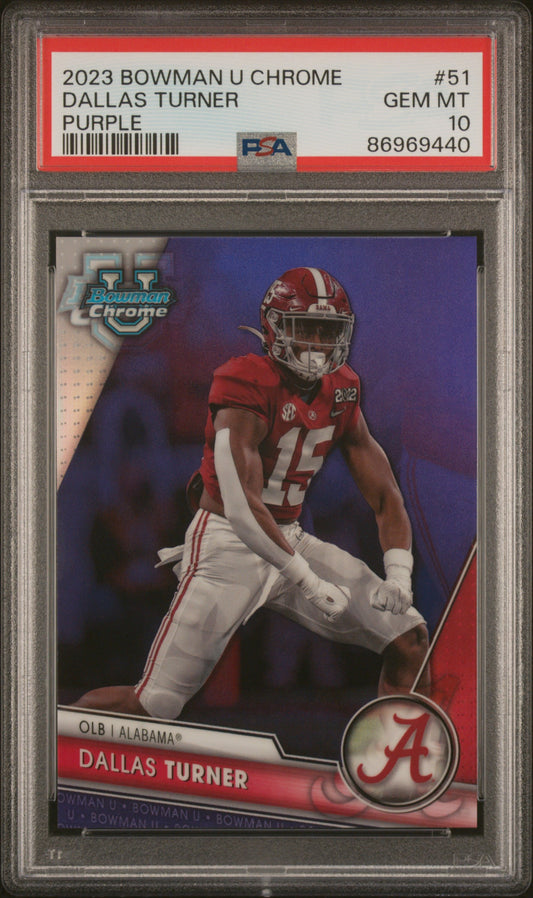 Graded 2023 Topps Bowman U Chrome Dallas Turner #51 Purple #/399 Rookie RC Football Card PSA 10