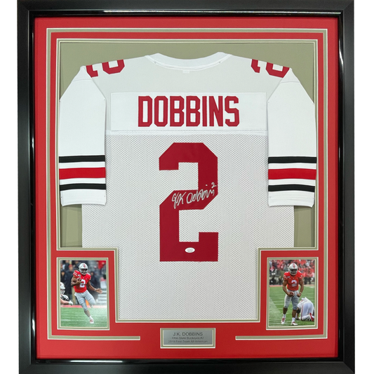Framed Autographed/Signed JK J.K. Dobbins 35x39 Ohio State White College Football Jersey JSA COA