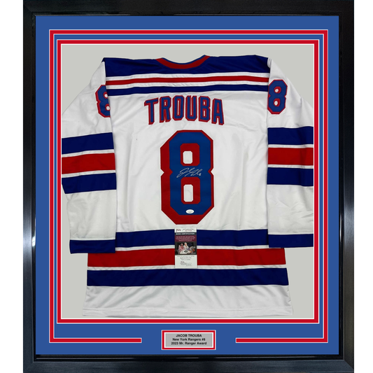 Framed Autographed/Signed Jacob Trouba 35x39 New York White Hockey Jersey JSA COA
