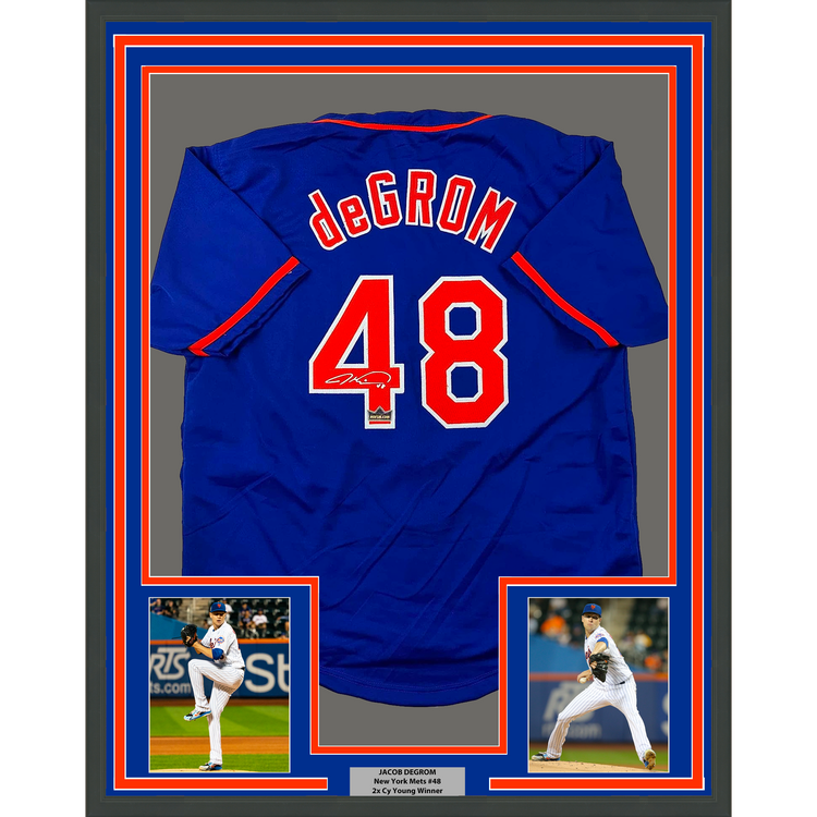 Framed Facsimile Autographed Jacob DeGrom 35x39 New York Blue Reprint Laser Auto Baseball Jersey