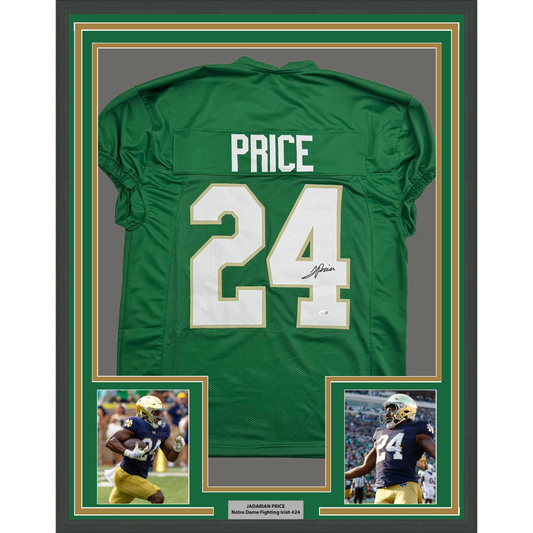 Framed Autographed/Signed JaDarian Price 35x39 Notre Dame Green College Football Jersey JSA COA
