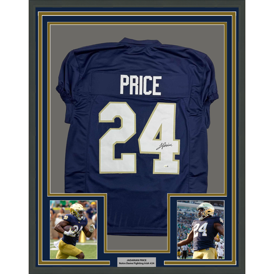 Framed Autographed/Signed JaDarian Price 35x39 Notre Dame Blue College Football Jersey JSA COA