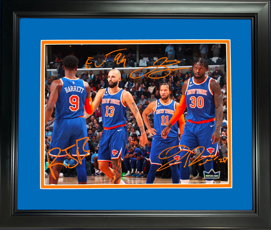 Framed Jalen Brunson, Julius Randle, R.J. Barrett & Evan Fournier New York Knicks Facsimile Laser Engraved Signature Auto 11"x14" Basketball Photo HOFSM Holo