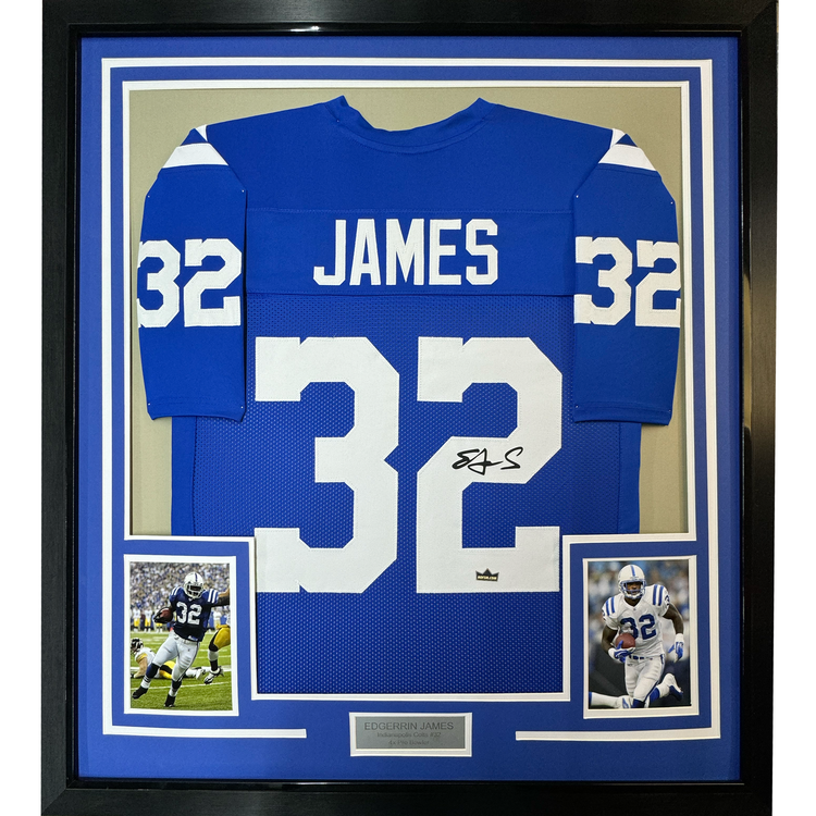 Framed Facsimile Autographed Edgerrin James 35x39 Indianapolis Blue Reprint Laser Auto Football Jersey