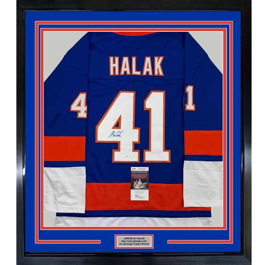 Framed Autographed/Signed Jaroslav Halak 35x39 New York Blue Hockey Jersey JSA COA