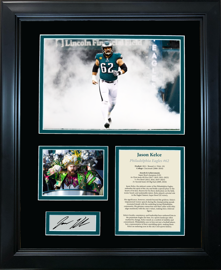 Framed Jason Kelce Philadelphia Eagles Facsimile Laser Engraved Signature Auto Football 11"x14" Photo Sig Collage