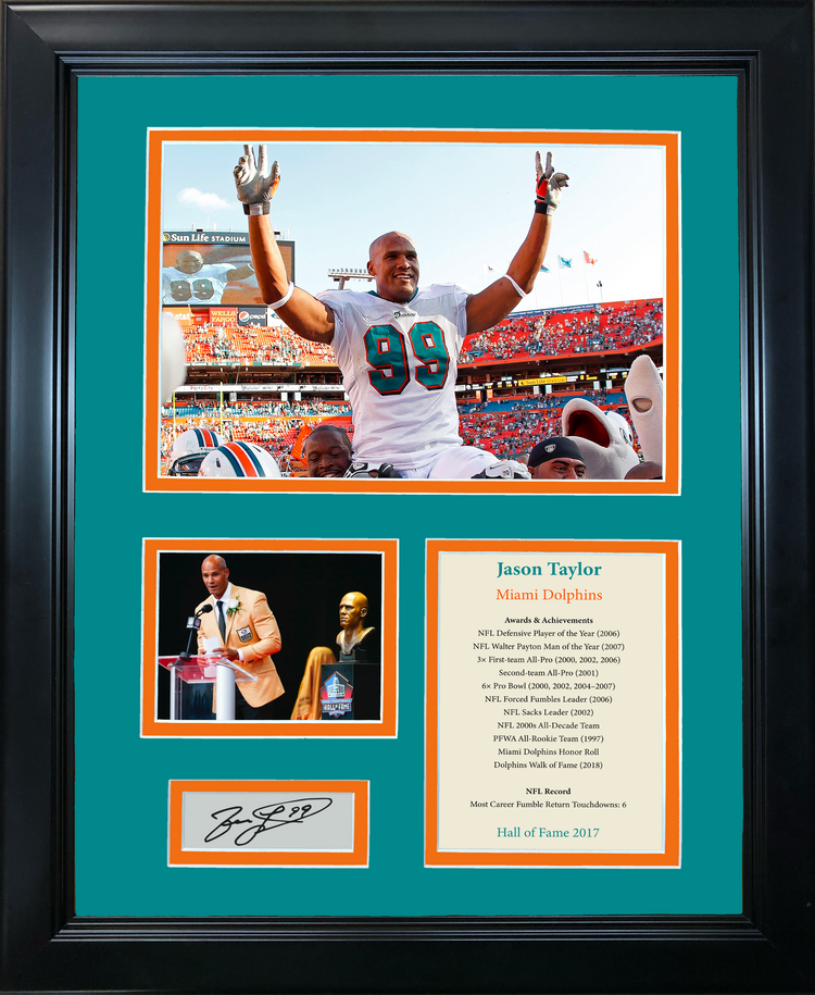 Framed Jason Taylor Hall of Fame Facsimile Laser Engraved Signature Auto Miami Dolphins 11"x14" Photo Sig Collage