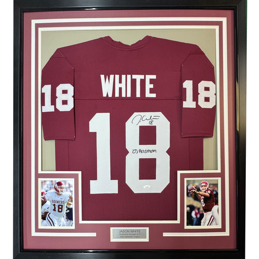Framed Autographed/Signed Jason White 35x39 03 Heisman Oklahoma Maroon College Football Jersey JSA COA