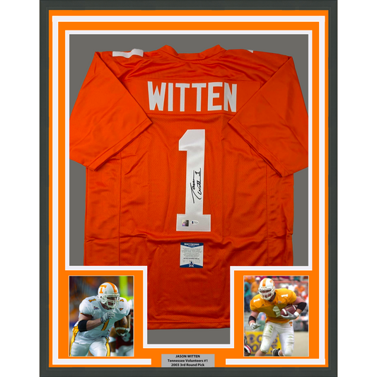 Framed Autographed/Signed Jason Witten 35x39 Tennessee Orange College Football Jersey Beckett BAS COA