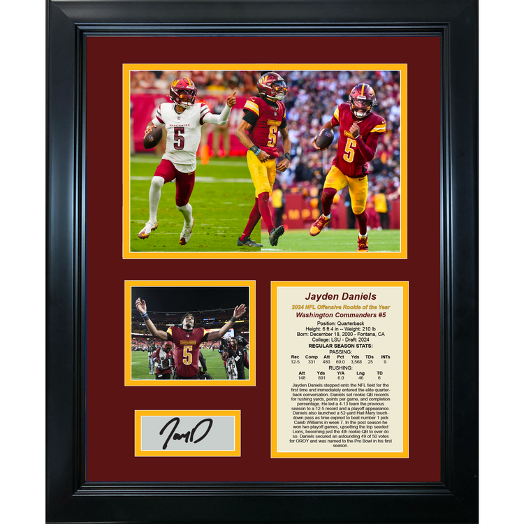 Framed Jayden Daniels 2024 NFL Offensive Rookie of the Year Washington Commanders Facsimile Laser Engraved Signature Auto Football 11"x14"Photo Sig Collage