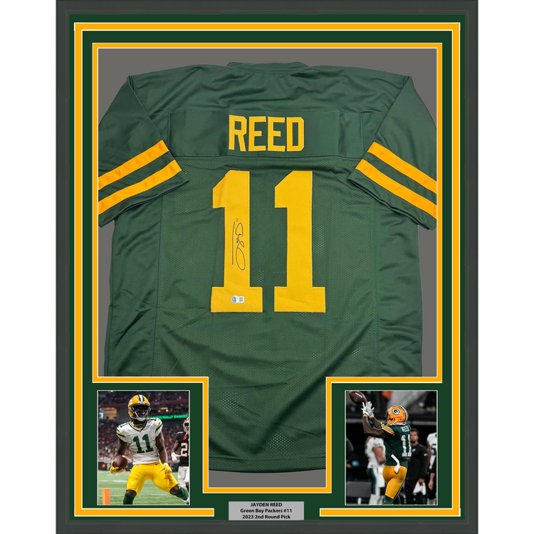Framed Autographed/Signed Jayden Reed 35x39 Green Bay Color Rush Football Jersey Beckett BAS COA