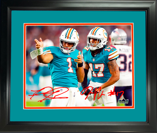 Framed Jaylen Waddle & Tua Tagovailoa Miami Dolphins Dual Facsimile Laser Engraved Signature Auto 11"x14" Football Photo HOFSM Holo
