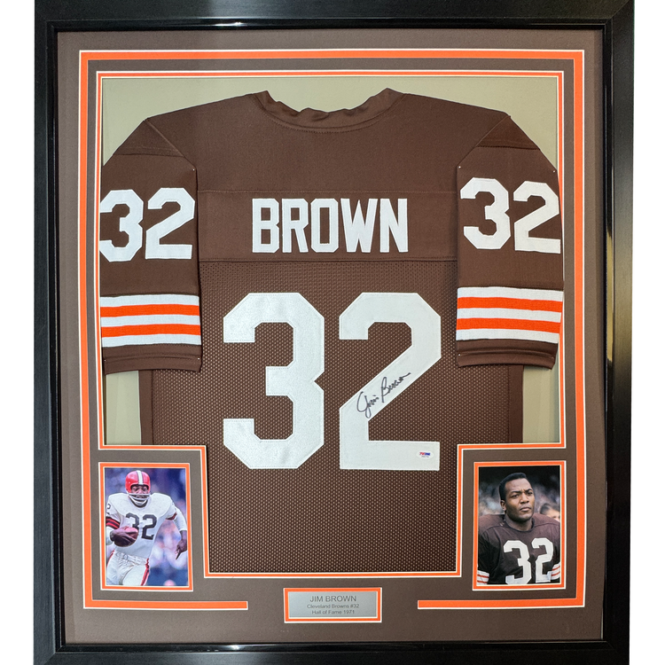 Framed Autographed/Signed Jim Brown 35x39 Cleveland Football Brown Jersey PSA COA