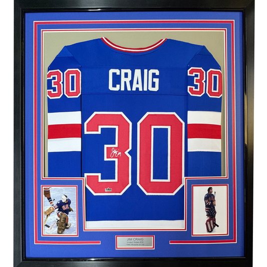 Framed Facsimile Autographed Jim Craig 35x39 United States USA Blue 1980 Miracle on Ice Reprint Laser Auto Hockey Jersey