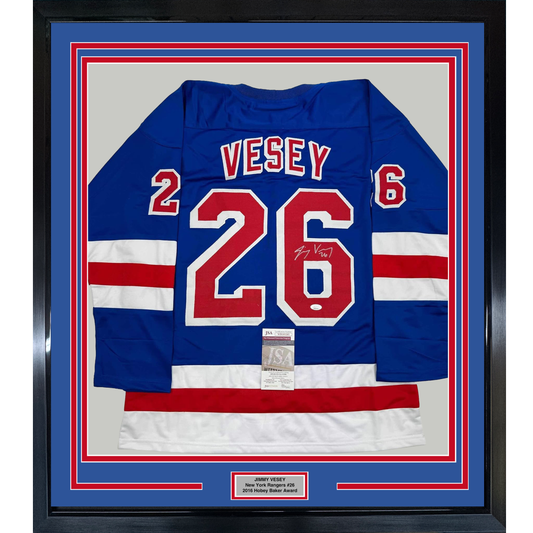 Framed Autographed/Signed Jimmy Vesey 35x39 New York Blue Hockey Jersey JSA COA