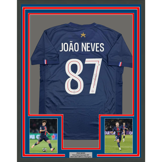 Framed Autographed/Signed Joao Neves 35x39 PSG Paris Saint Germain Blue Soccer Futbol Jersey Beckett BAS COA