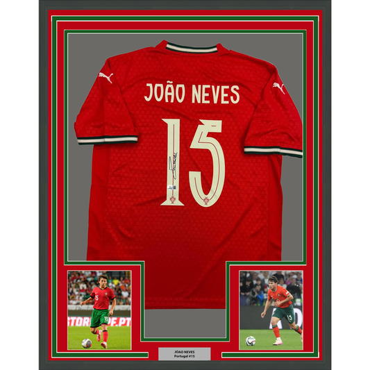 Framed Autographed/Signed Joao Neves 35x39 Portugal Soccer Team World Cup Jersey JSA COA