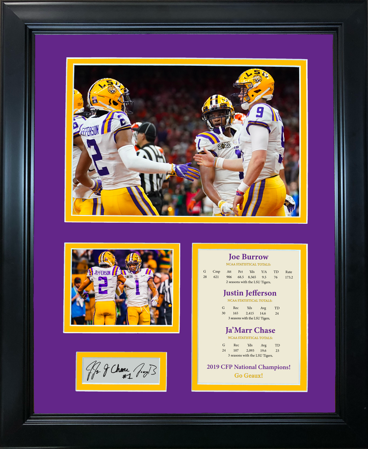 Framed Joe Burrow Justin Jefferson Ja'Marr Chase LSU Tigers Big 3 2019 National Champions Facsimile Laser Engraved Signature Auto 11"x14" College Football Photo Sig Collage