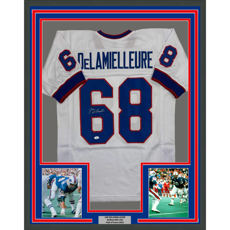 Framed Autographed/Signed Joe DeLamielleure 35x39 Buffalo White Football Jersey JSA COA