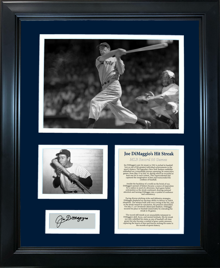 Framed Joe DiMaggio Record 56 Game Hit Streak Facsimile Laser Engraved Signature Auto Baseball 11"x14" Photo Sig Collage