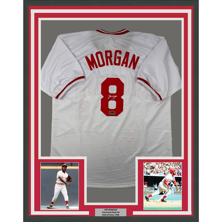 Framed Facsimile Autographed Joe Morgan 35x39 Cincinnati White Reprint Laser Auto Baseball Jersey