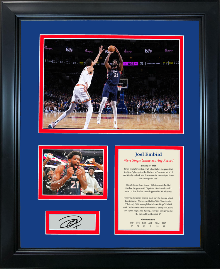Framed Joel Embiid 70 Point Game Philadelphia 76ers Record Facsimile Laser Engraved Signature Auto Basketball 11"x14" Photo Sig Collage