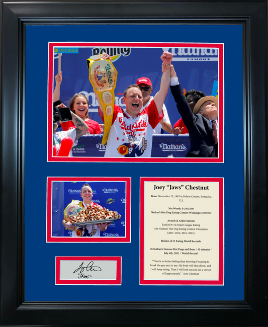 Framed Joey Chestnut 16x Nathan's Hot Dog Eating Contest Champion Facsimile Laser Engraved Signature Auto 11"x14" Photo Sig Collage