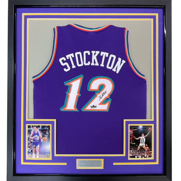 Framed Facsimile Autographed John Stockton 35x39 Utah Jazz Reprint Laser Auto Basketball Jersey