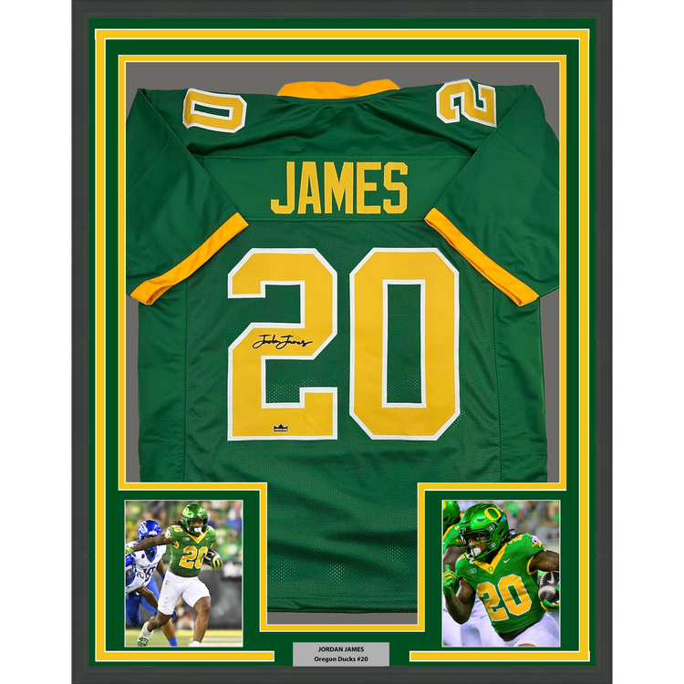 Framed Facsimile Autographed Jordan James 35x39 Oregon Green Reprint Laser Auto College Football Jersey