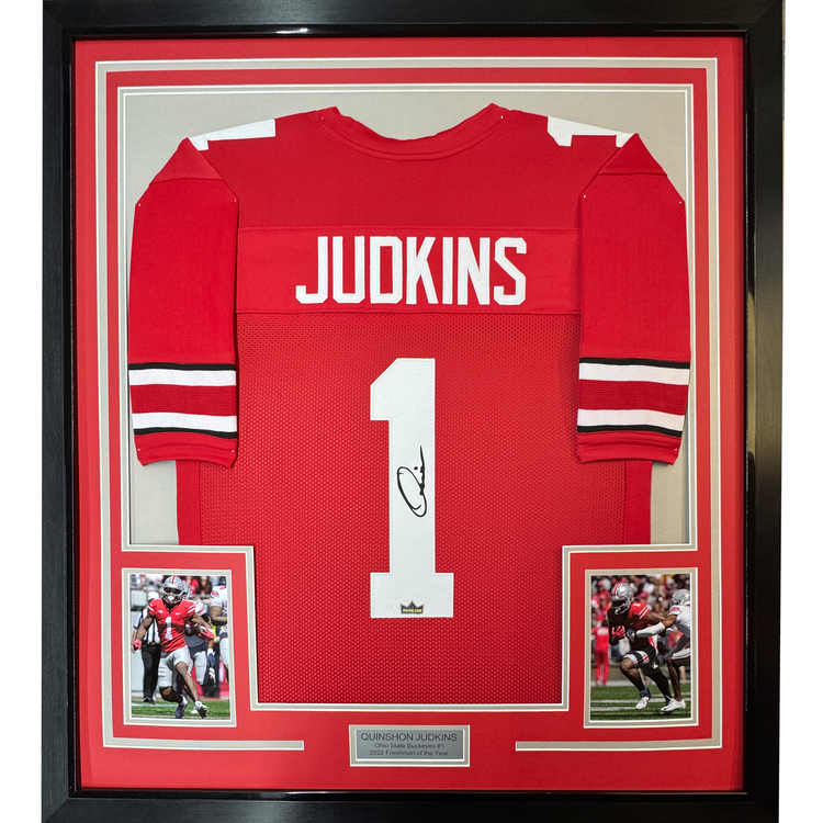 Framed Facsimile Autographed Quinshon Judkins 35x39 Ohio State Red Reprint Laser Auto College Football Jersey