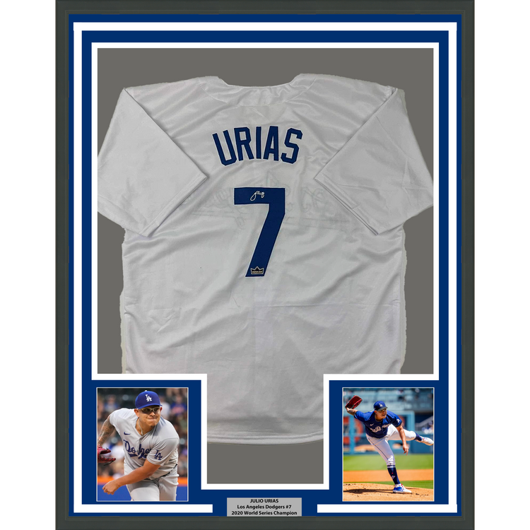 Framed Facsimile Autographed Julio Urias 35x39 Los Angeles LA White Reprint Laser Auto Baseball Jersey