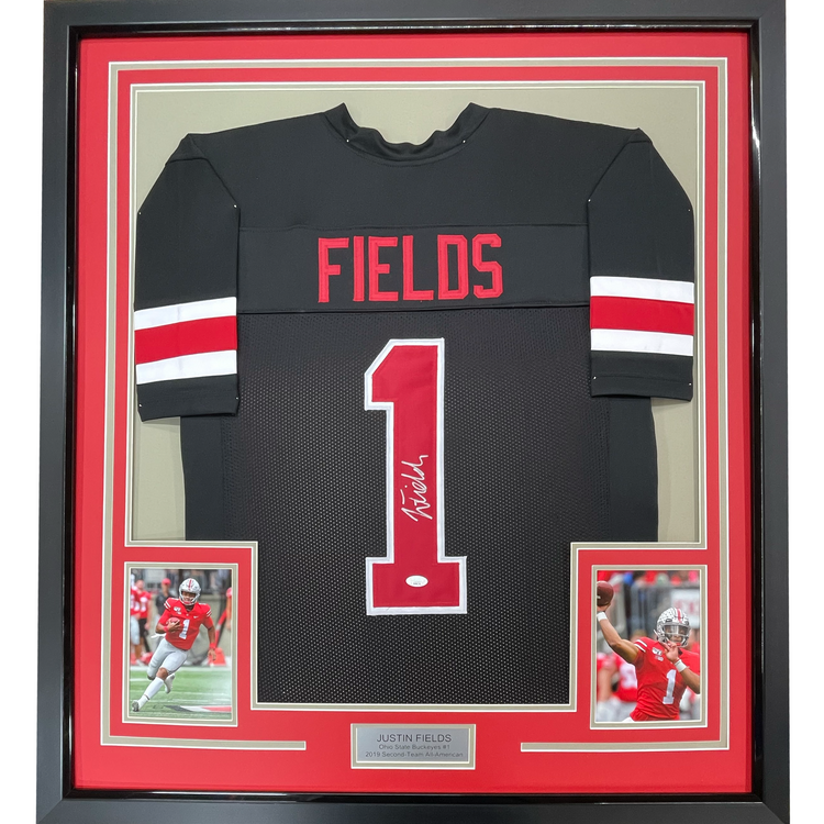 Framed Autographed/Signed Justin Fields 35x39 Ohio State Black College Football Jersey Beckett BAS COA