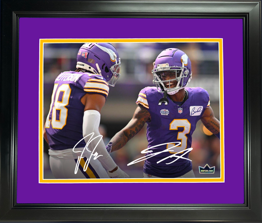 Framed Justin Jefferson & Jordan Addison Minnesota Vikings Dual Facsimile Laser Engraved Signature Auto 11"x14" Football Photo HOFSM Holo