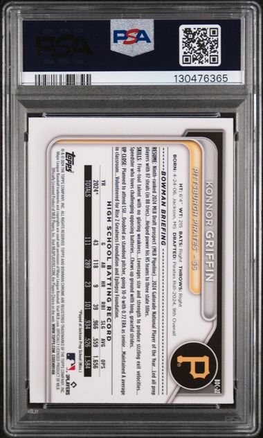 Graded 2024 Topps Bowman Draft Konnor Griffin #BDC22 Chrome Lunar Glow Refractor Rookie RC Baseball Card PSA 9 Mint