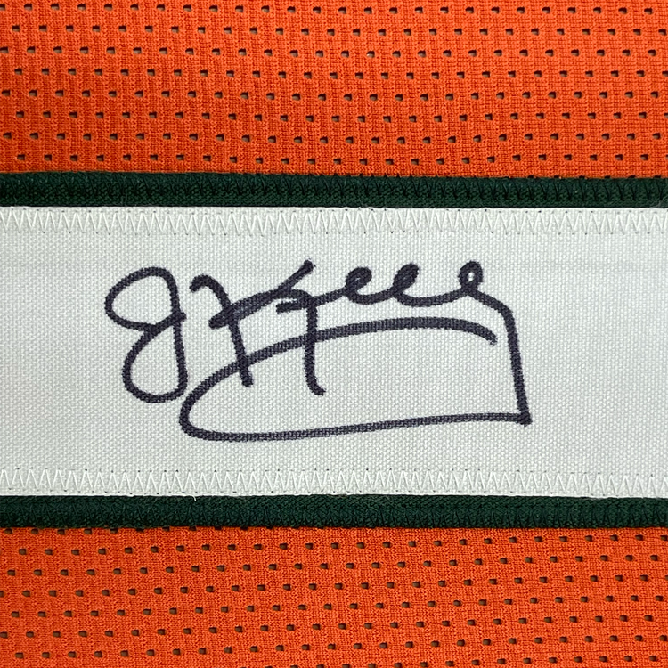 Framed Autographed/Signed Jim Kelly 35x39 Miami Hurricanes Orange College Football Jersey JSA COA