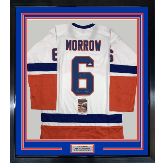 Framed Autographed/Signed Ken Morrow 4x SC Champs 35x39 New York White Hockey Jersey JSA COA